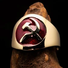 ROUND MENS BRASS COMMUNIST COSTUME RING HAMMER SICKLE SEAL RED SIZE 12