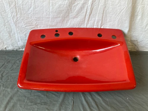 Vtg 28x19 Cast Iron Antique Red Porcelain Old Self Rimming Drop In Sink 160-24E