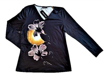 トップス Flower long sleeve shits Black Floracore Noracora Womens Top Size L Black Long Sleeve With Tropical Flower