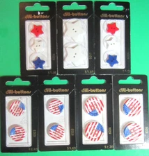 (16) DILL PATRIOTIC RED WHITE BLUE PLASTIC 2&4-HOLE BUTTONS 7-CARD LOT NOS-J2