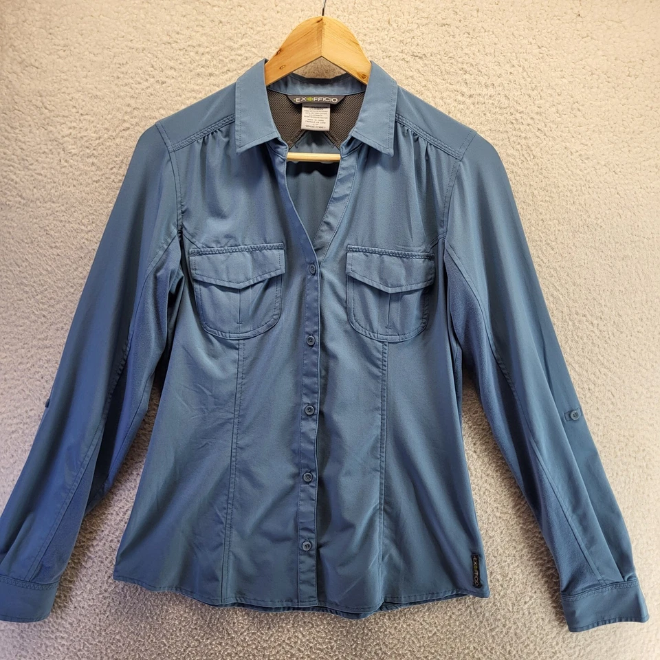 Camisa con botones Exofficio para mujer pequeña azul pescado senderismo camping manga larga ventilada Foto 3 de 4