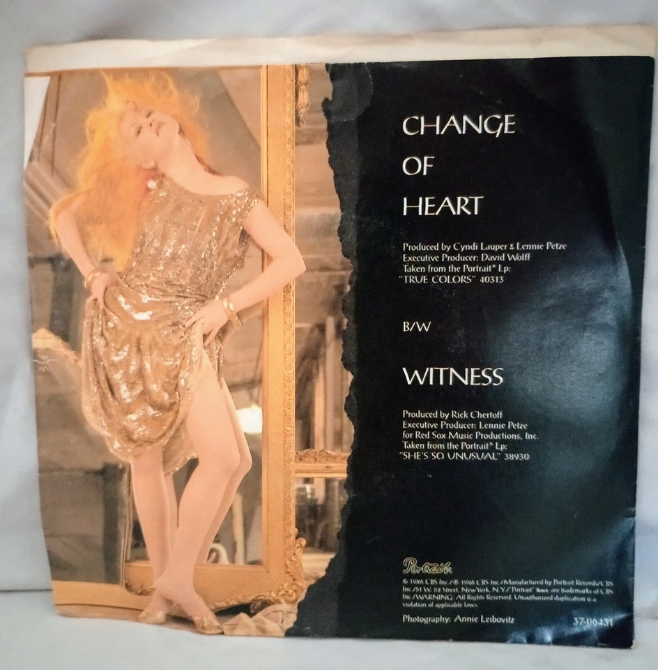 1986 Cyndi Lauper Record  7” 45 “Change of Heart" PROMO PROMOTIONAL Paper Sleeve - Image 2 of 4