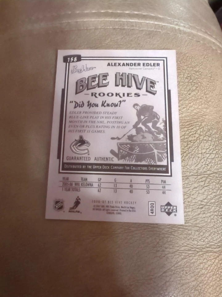 ALEXANDER EDLER 2006-07 BEE HIVE HOCKEY ROOKIE RC CARD #158 CANUCKS - Image 2 of 2