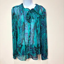 Hale Bob SILK Blouse sz M Animal Print Green Neck Tie Sheer Y2K Fairy Parisian