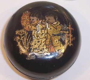 ANTIQUE LACQUER 2" ROUND KOGO TRINKET BOX ORIENTAL ASIAN GOLD HAND PAINTED XC