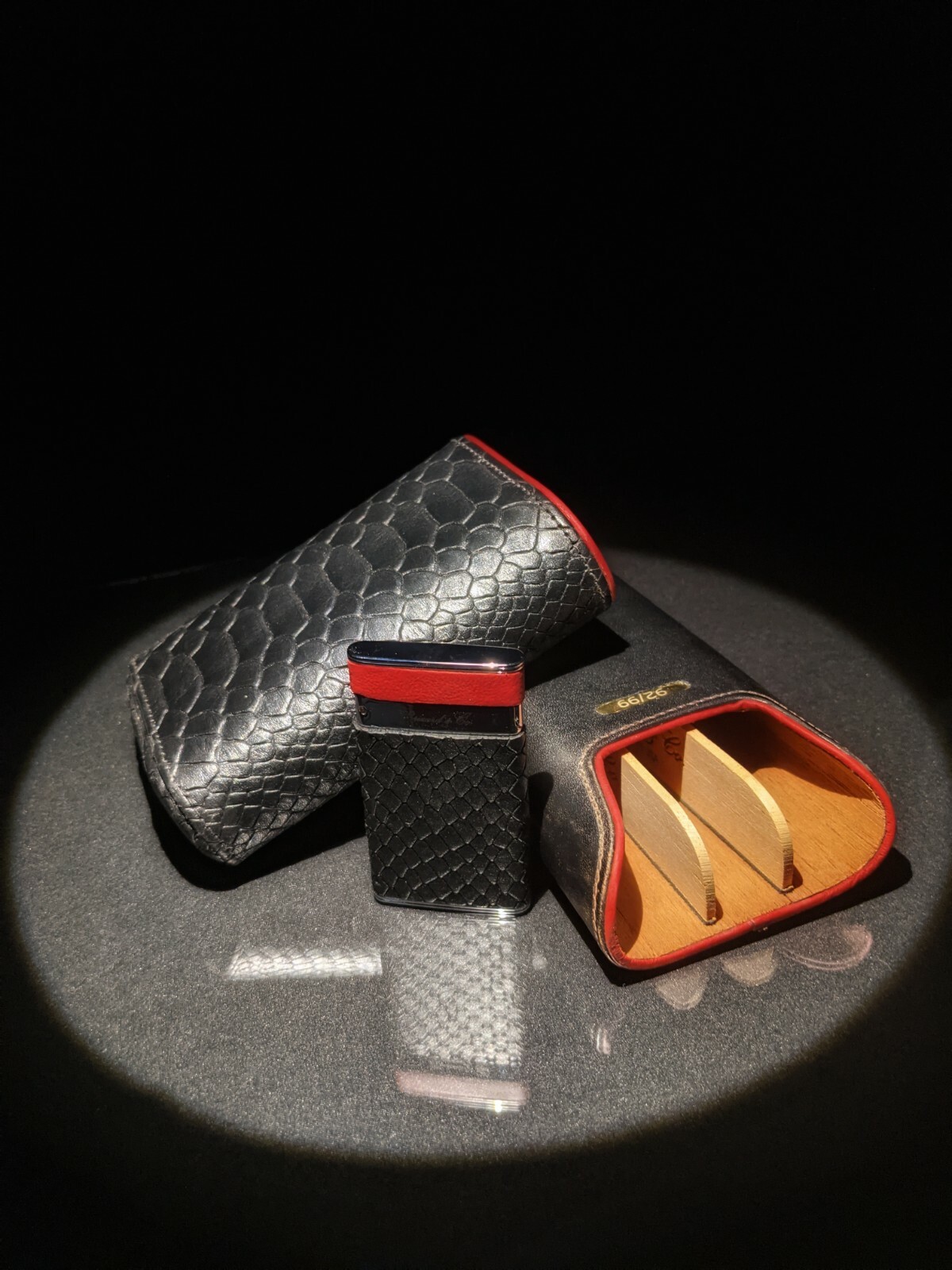 Black  Python Pattern and Red Leather cigar case and lighter by Brizard and Co