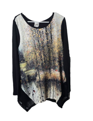 Fleur De Lis Top XL Artsy Nature Winter Trees Abstract Casual Rhinestone Stretch