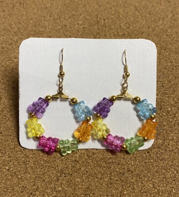 Handmade Beaded Gummy Bear Hoop Style Earrings For Women Cute!!
