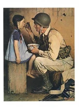 Norman Rockwell WW2 print:"THE AMERICAN WAY" compassionate GI feeds girl 11"x15"