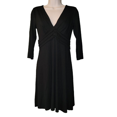 Three Dots V-Neck Sheath Dress S Black 3/4 Sleeve Soft Stretch Viscose LBD Pleat