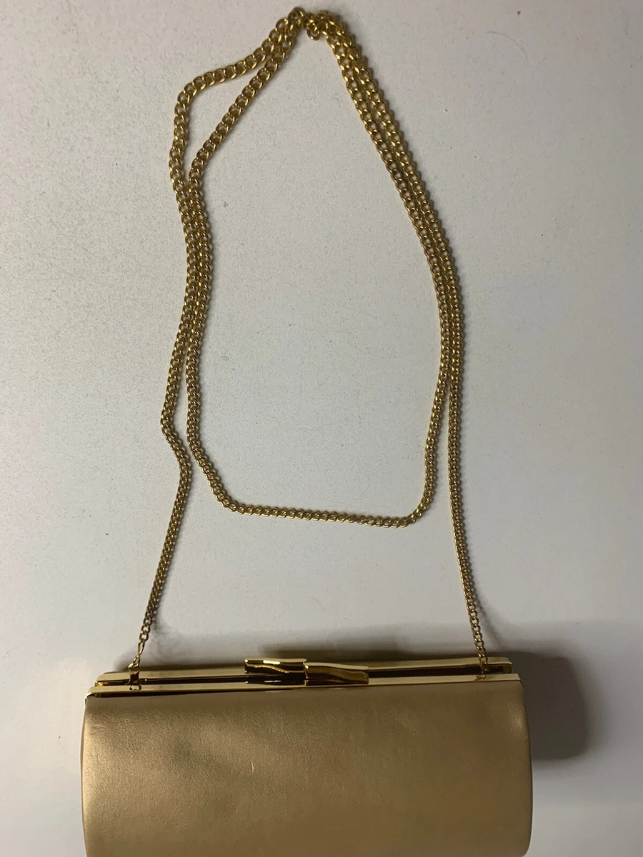 La Regale Clutch Purse Hard Case Shiny Evening Bag Gold Chain Strap