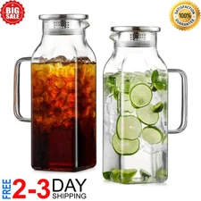 2 Pack 2 Liters/68 Oz Square Glass Pitcher with Lid and Handle for Fridge, Iced