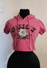 Rare Vintage Juicy Couture Y2K Short Sleeve Crop Pink Bling Hoodie Size Small