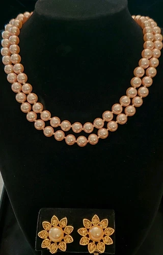 CAROLEE Vtg Pink Pearl Set, Double Strand Necklace with Pearl & Crystal Earrings