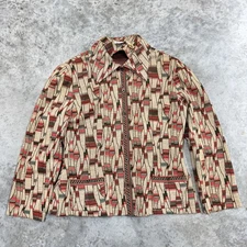 Vintage Leslie Fay Knits Jacket Womens small Beige Red Print Zip Front 70s