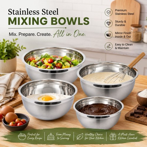 Set of 4 Professional German Stainless Steel Mixing Bowls 18 22 26 30cm Heavy