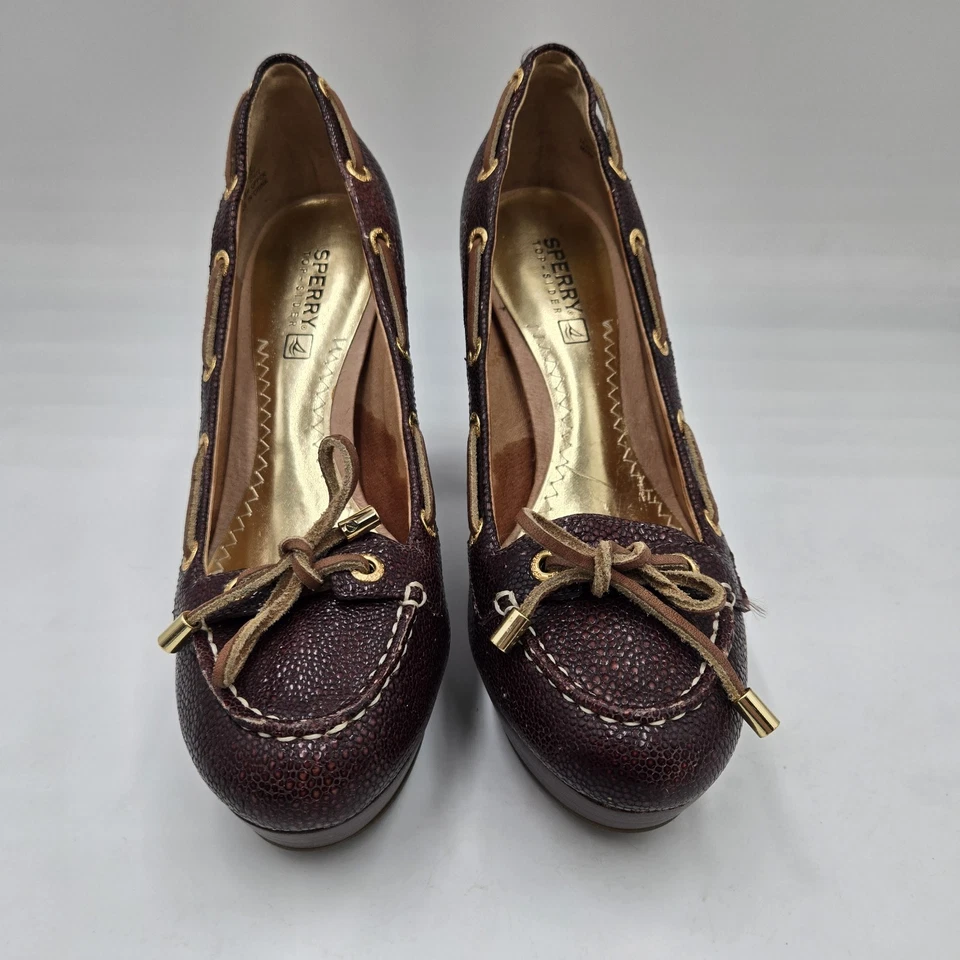 Sperry Top Sider Womens Platform Block Heels Brown Leather Boat Shoe Pump Sz 5 M - Image 2 of 4