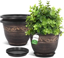 Plastic-Plant-Flower-Planters-14 Inch with Drainage Hole & Saucer, 3 Packs Light