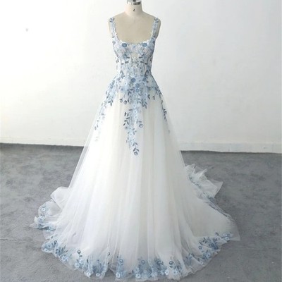 Light Blue Floral Embroidery Wedding Dresses Sleeveless Square Neck A Line Gowns