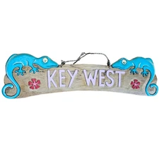 Wood Burned Key West Sign Iguana Lizards Hibiscus Flowers Pool Decor
