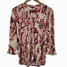 Ava & Grace Womens L Burgundy Abstract Long Sleeve Button Front Blouse