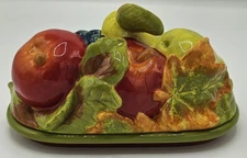 Essential Home 3-D Fall Leaves & Fruit Figural Covered Butter Dish Thanksgiving