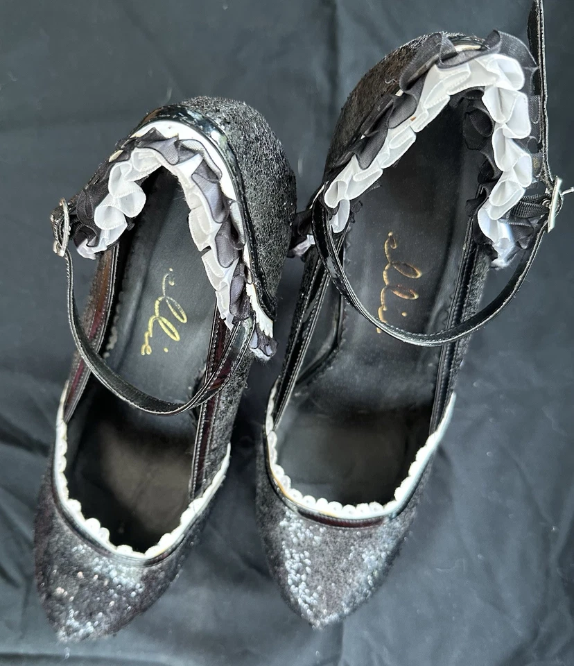 Ellie Size 10 High Heels Black And White Glitter And Ruffle. - Image 2 of 4