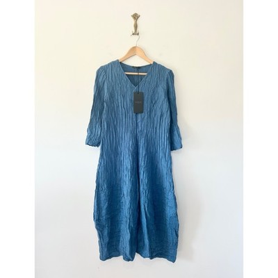 Grizas Silk Linen Crinkle Midi Dress Size S Navy Balloon Cocoon Arty Lagenlook