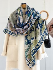 70% Cashmere 30% Silk Wrap Scarf Forest Bird Print Double Face Print Shawl 53''