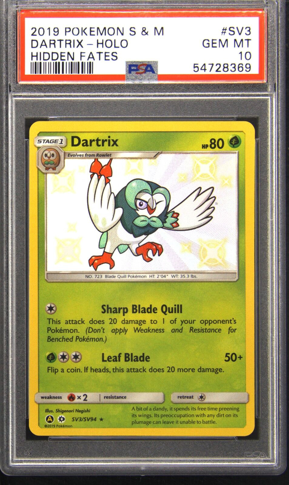 2019 POKEMON SUN & MOON HIDDEN FATES #SV3 DARTRIX-HOLO PSA 10 - Main Image