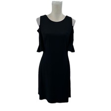 Tommy Hilfiger Cold Shoulder Black Shift Dress Womens 8 Short Sleeve Ruffle 