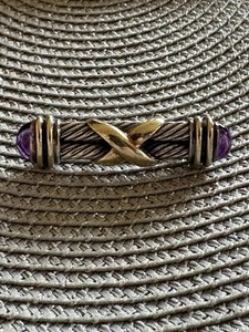 REDUCED! David  Yurman Double Cable X Amethyst Silver 14K Gold  Bar Pin-STUNNING