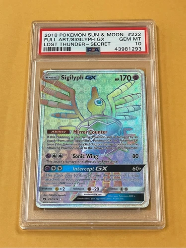 2018 Pokemon SM Lost Thunder Sigilyph GX Rainbow Secret Rare #222/214 PSA 10