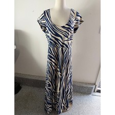 Chaps Womens XL Navy Blue Cream Zebra Animal Print Maxi Dress Short Sleeve