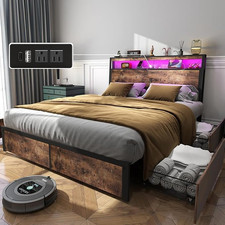 Queen Size Bed Frame with 4 Storage Drawers and Headboard with Charging Station