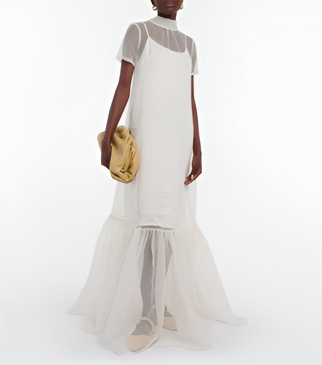 Cuello Alto Blanco Organza Transparente Vestido Con Volantes Dobladillo Boda