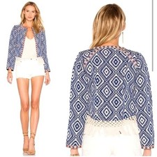 Tularosa Jacket Women Small Navy Blue Ivory Open Front Fringe Hem Santa Fe Coat