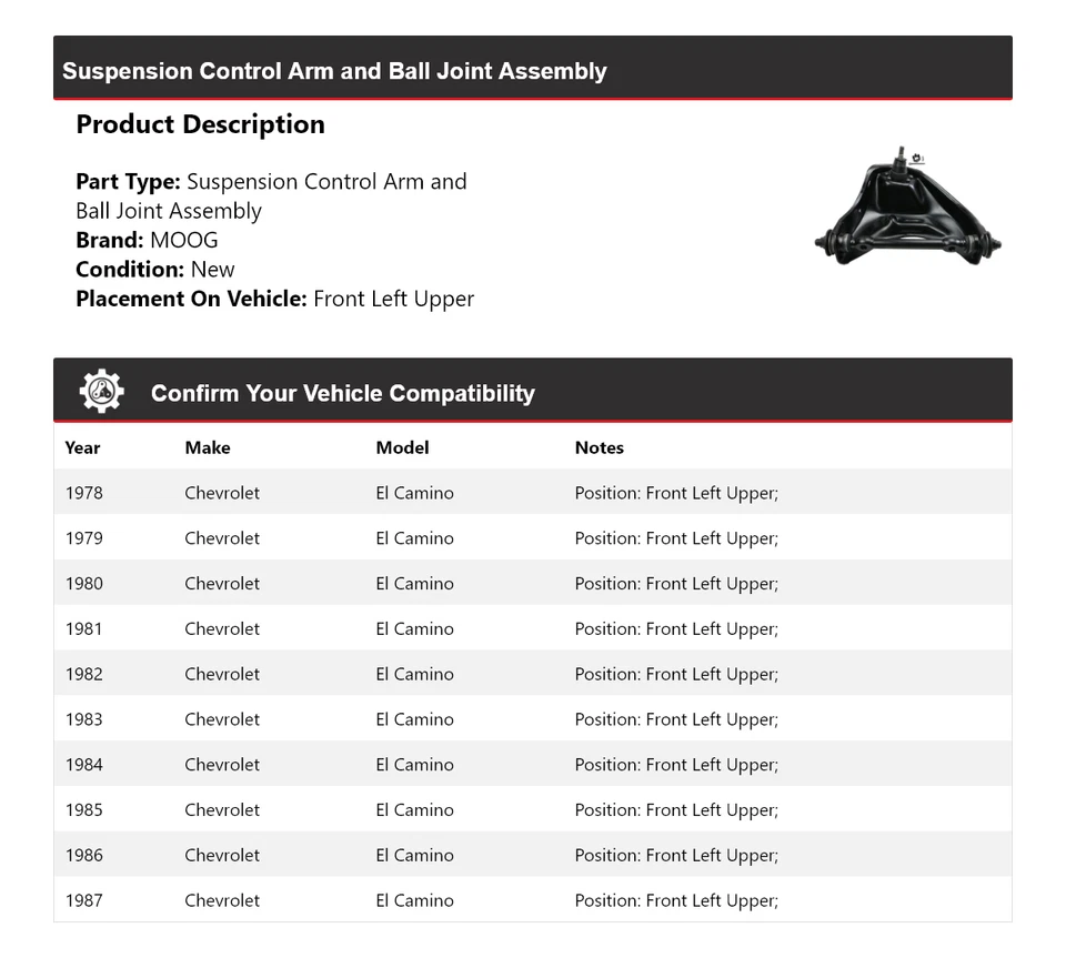 Brazo de control delantero izquierdo superior MOOG 1978-1987 Chevrolet El Camino 1978-1987 Foto 2 de 4
