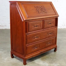 Asian Teak Hand Carved Drop Front Compartmentalized Desk Style of George Zee