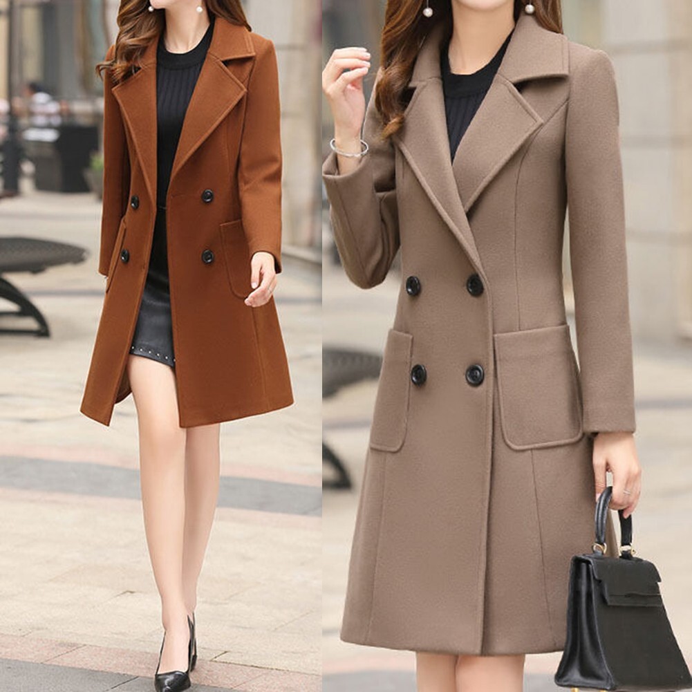 Women Winter Slim Fit Long Jacket Solid Color Female Woolen Button Coat