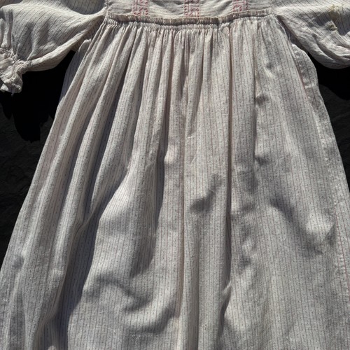 Antique Victorian Cotton Pink Striped Puff Sleeve Greek Key Print Dress Gown - Picture 6 of 13