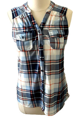 New York Laundry L Sleeveless Shirt Ltwt Flannel Plaid Blues/Red/White Flaw