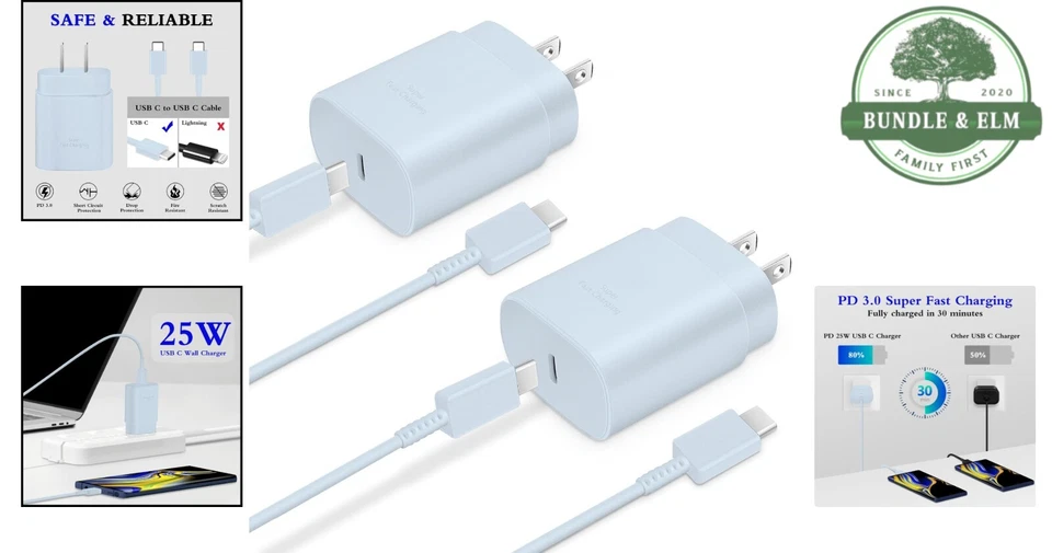 2-Pack Type C Charger 25W Super Fast Charging Blocks with 6ft USB C Cable - Image 2 of 4