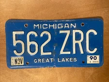 1990 Michigan License Plate Great Lakes Blue # 562 ZRC
