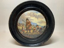 19th C Antique Pottery Prattware Pot Lid Hand Painted Man and Children Fishing