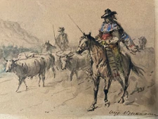 Beautiful Watercolor Drawing Cow Bull Horses Camargue 1900 Identified