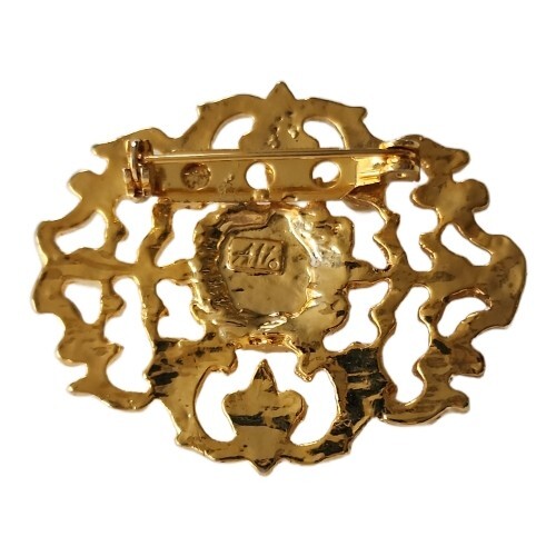 Spilla rotonda vintage Avon grande tono oro finta perla ornata rotolo traforato - Foto 4 di 5