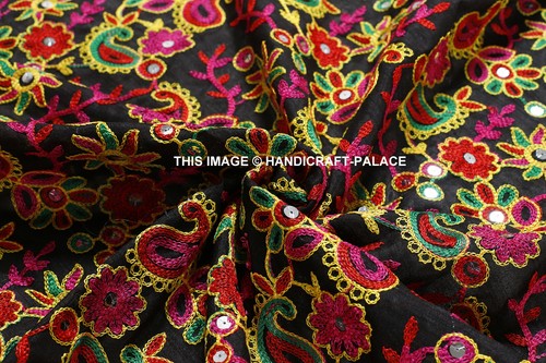 Indian Thick Black Paisley Embroidery Dupioni Silk Fabric Dress Craft by 5 yard - Picture 2 of 3