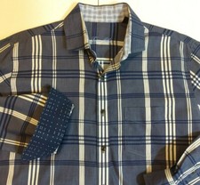 TASSO ELBA Men's LARGE Gray Blue Plaid Button Up Flip Cuff Cotton Shirt