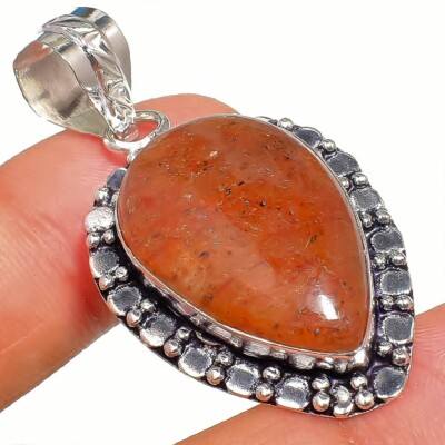 Strawberry Quartz Gemstone Handmade 925 Sterling Silver Jewelry Pendant Sz 1.7''